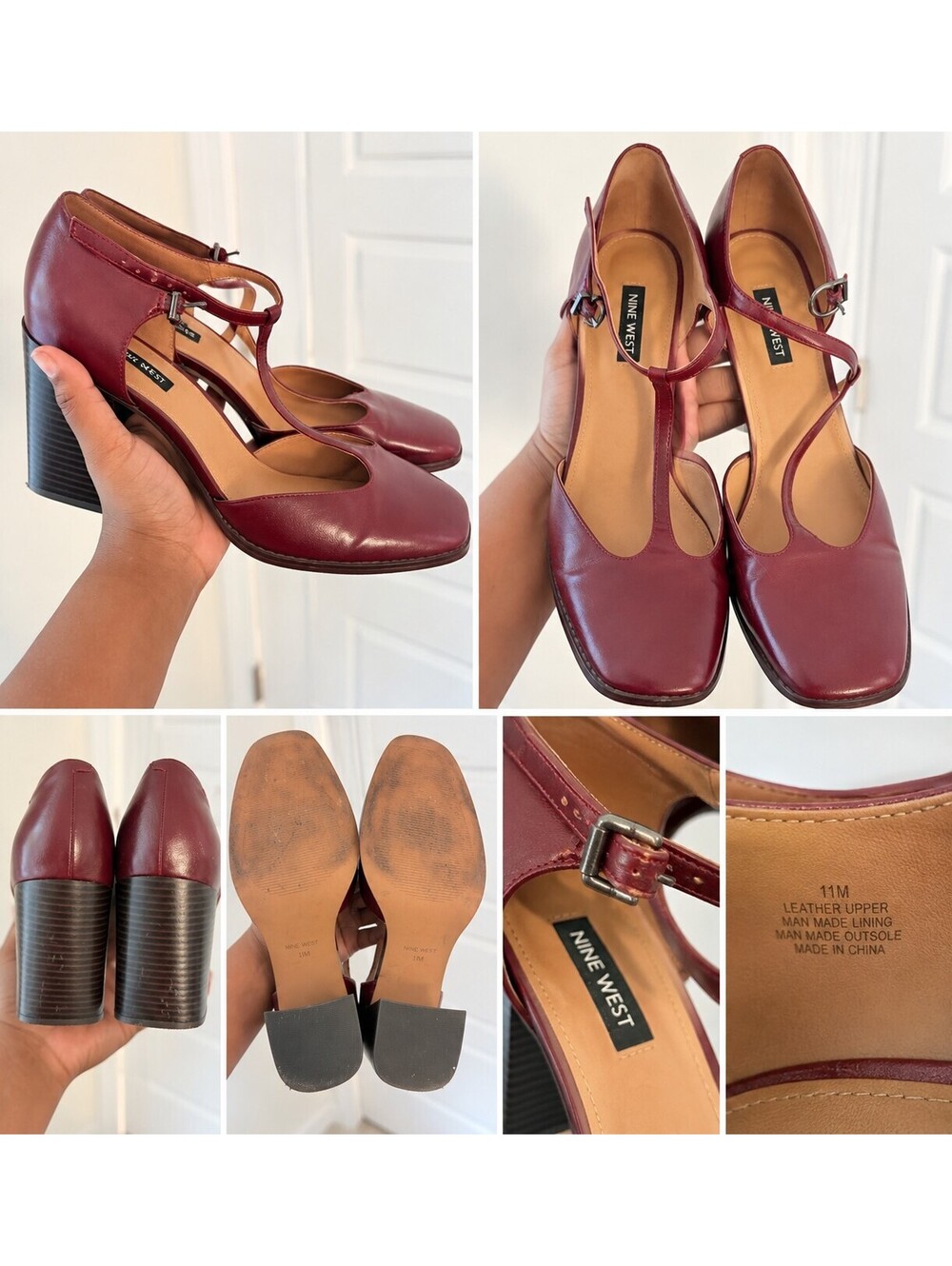 Vintage Cottage Nine West Chucky Burgundy T-Strap Block Heel Shoes | Size 11M
